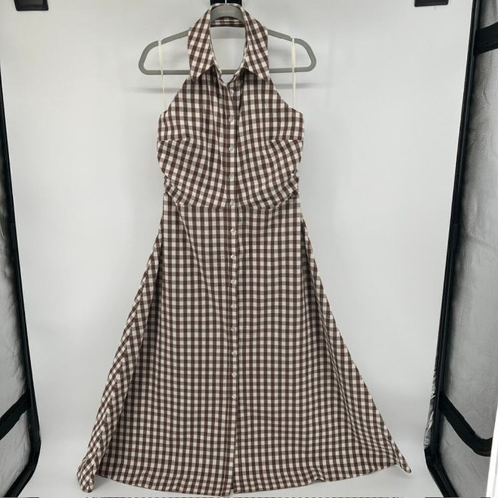 Veronica Beard Mackey Gingham Halter Midi Dress Womens 10 Brown Cream Preppy